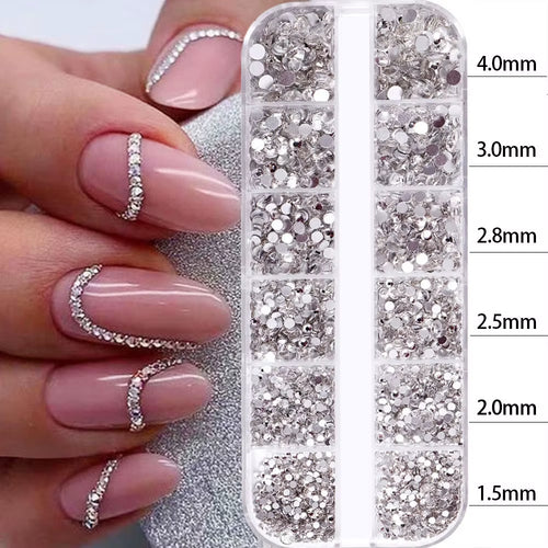 2400Pcs+ Shiny Clear Crystal Gems Nail Rhinestones 1.5-4Mm Mixed round Glass Stone Flatback Nail Charms 12Grids Nail Diamond DIY