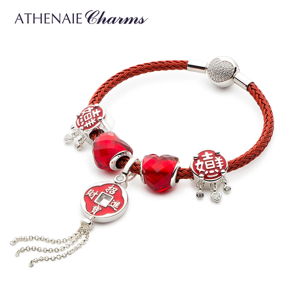 925 Sterling Silver Red Enamel CZ Chinese Peaceful Always Tassel Dangle Charms Bracelet