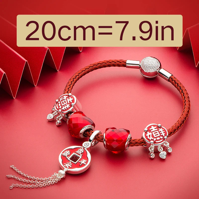 925 Sterling Silver Red Enamel CZ Chinese Peaceful Always Tassel Dangle Charms Bracelet