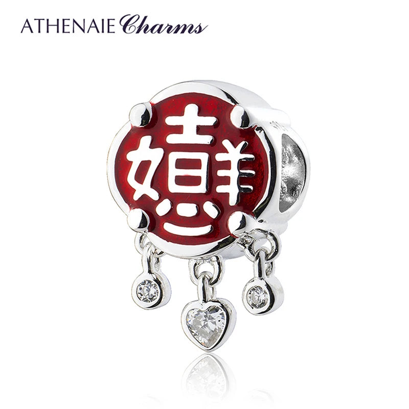 925 Sterling Silver Red Enamel CZ Chinese Peaceful Always Tassel Dangle Charms Bracelet