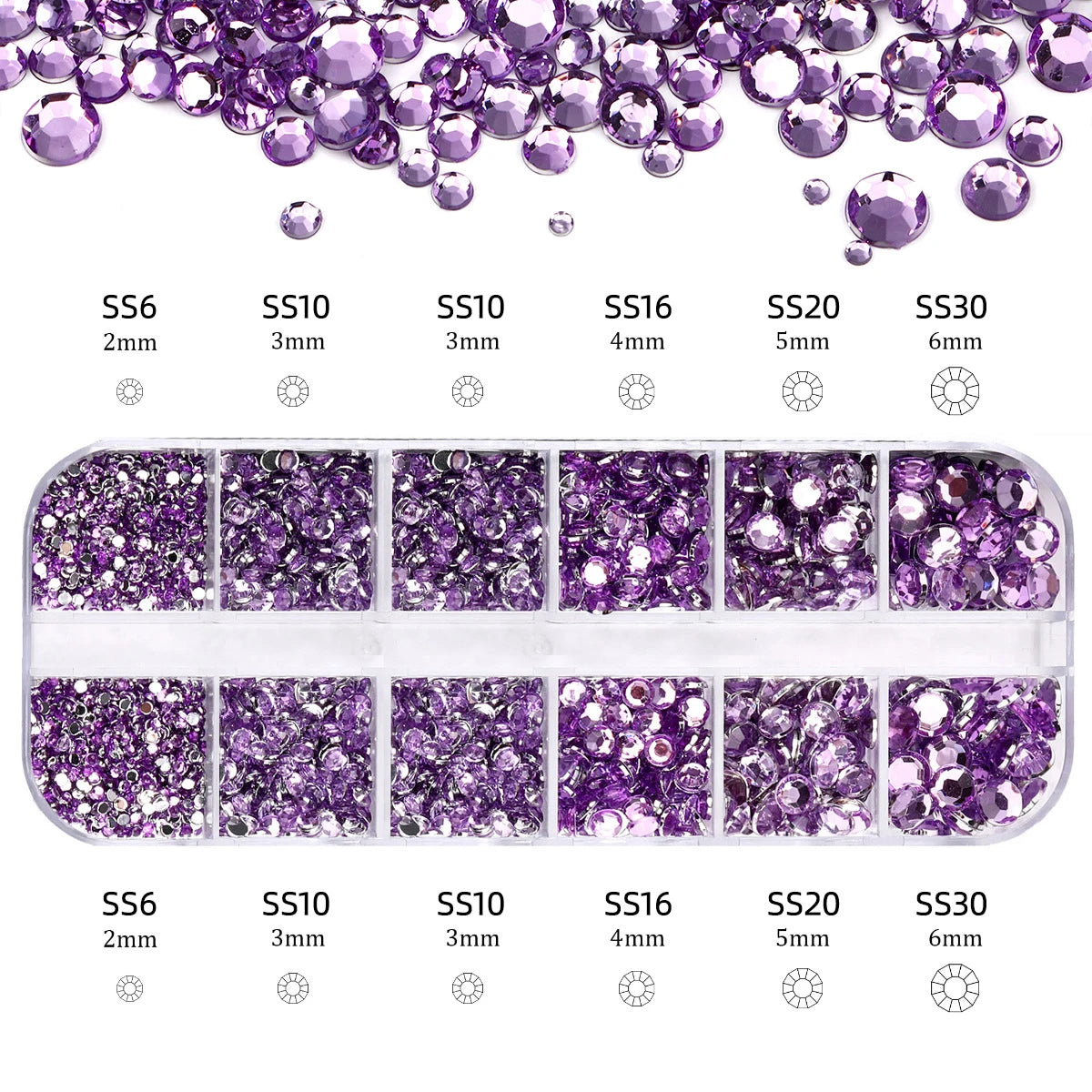 2400Pcs+ Shiny Clear Crystal Gems Nail Rhinestones 1.5-4Mm Mixed round Glass Stone Flatback Nail Charms 12Grids Nail Diamond DIY