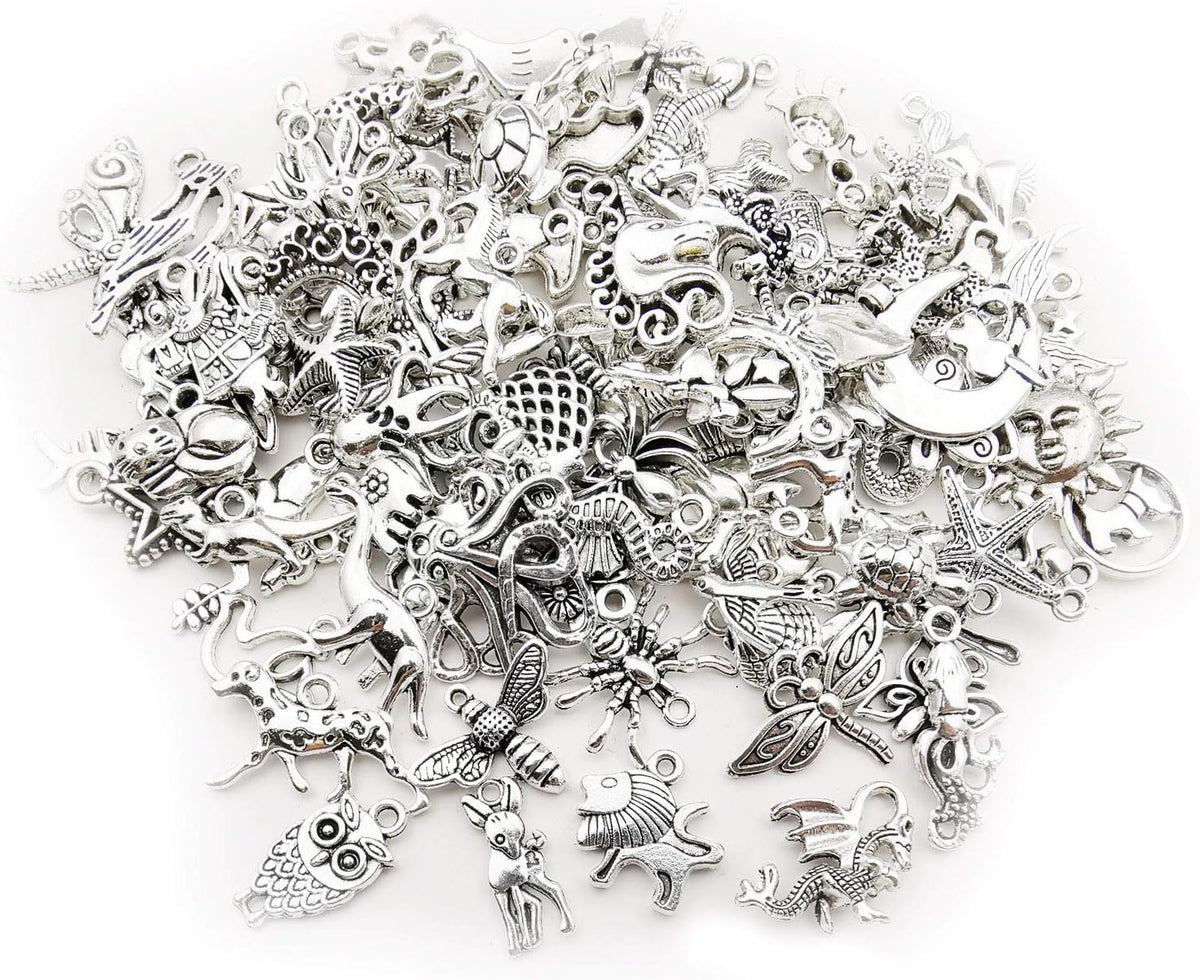 200 Mixed Charms Collection, Antique Silver Tone, Charms Metal Pendant Craft Supplies Findings for Crafting Necklace Bracelet Jewelry Making HM332