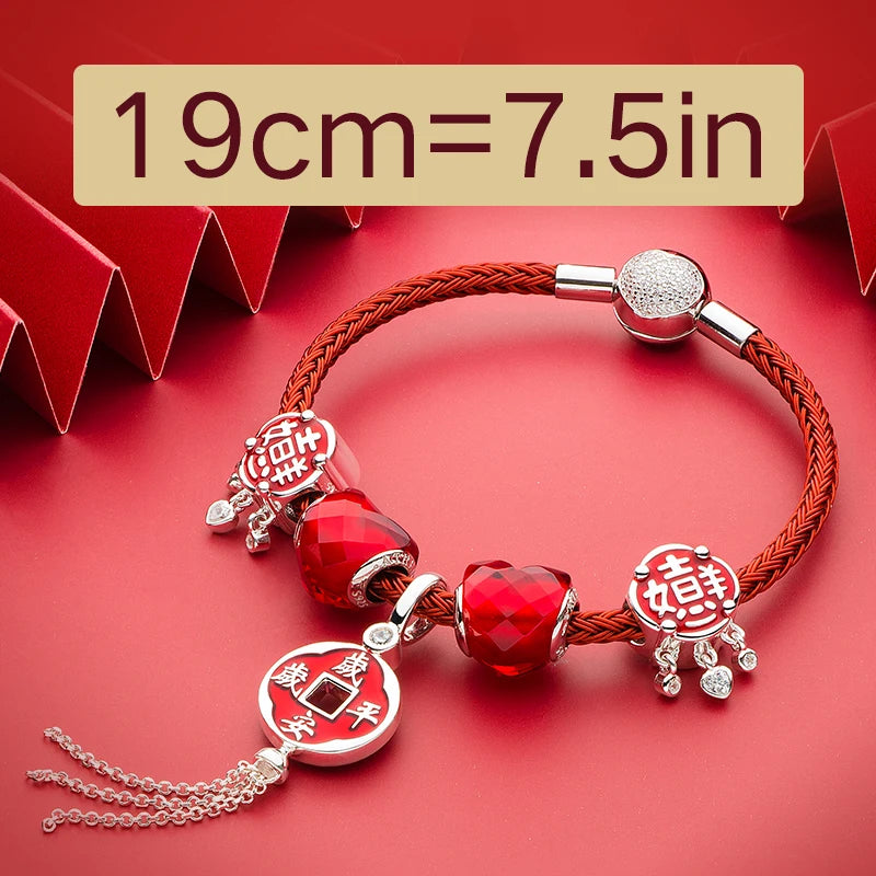 925 Sterling Silver Red Enamel CZ Chinese Peaceful Always Tassel Dangle Charms Bracelet