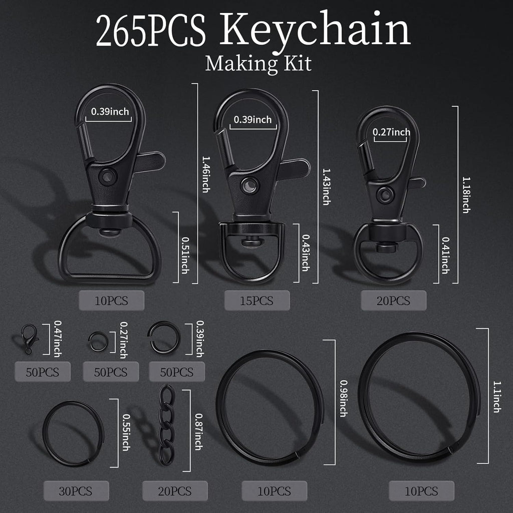 265PCS Swivel Snap Hooks and Key Rings, Keychain Clips and Key Chain Rings, Keychain Making Kit, with Lobster Claw Clasps & Jump Ring & Necklace Extenders, for Jewelry Making, Black