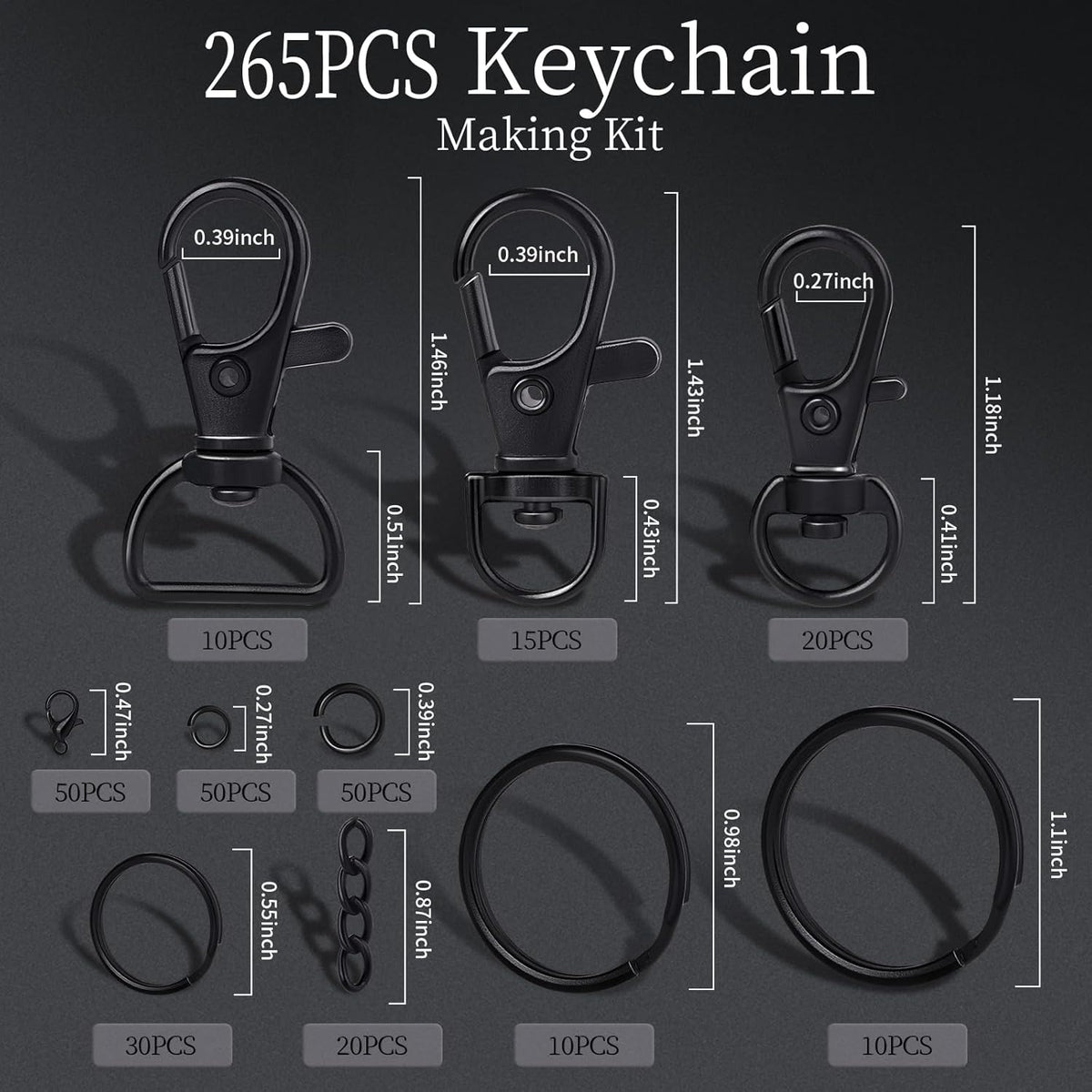 265PCS Swivel Snap Hooks and Key Rings, Keychain Clips and Key Chain Rings, Keychain Making Kit, with Lobster Claw Clasps & Jump Ring & Necklace Extenders, for Jewelry Making, Black