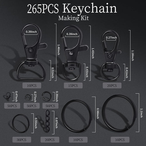 265PCS Swivel Snap Hooks and Key Rings, Keychain Clips and Key Chain Rings, Keychain Making Kit, with Lobster Claw Clasps & Jump Ring & Necklace Extenders, for Jewelry Making, Black