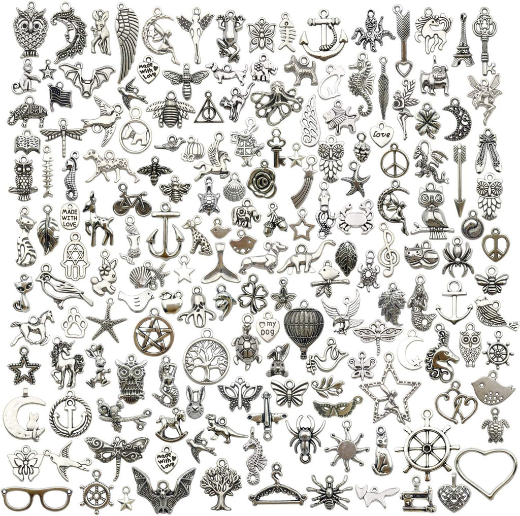 200 Mixed Charms Collection, Antique Silver Tone, Charms Metal Pendant Craft Supplies Findings for Crafting Necklace Bracelet Jewelry Making HM332