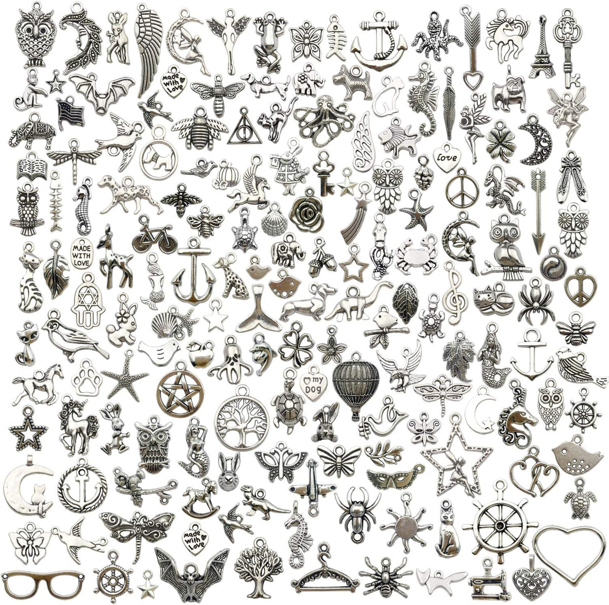 200 Mixed Charms Collection, Antique Silver Tone, Charms Metal Pendant Craft Supplies Findings for Crafting Necklace Bracelet Jewelry Making HM332