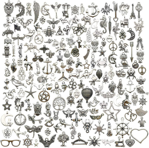 200 Mixed Charms Collection, Antique Silver Tone, Charms Metal Pendant Craft Supplies Findings for Crafting Necklace Bracelet Jewelry Making HM332