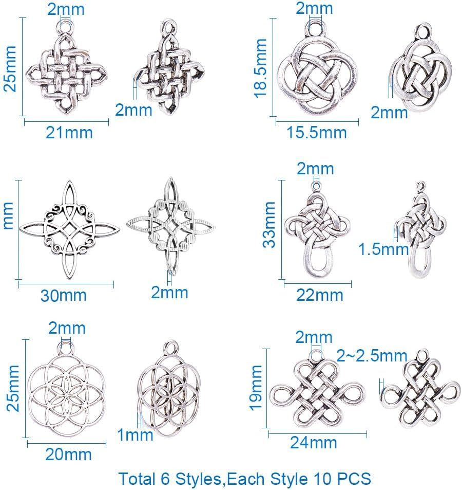 60Pcs Celticing Knot Charms, 6 Style Cross Charms Beads Irish Traditional Pendants Tibetan Alloy Charms Chinese Knot Pendants Connectors for DIY Bracelet Necklace Jewelry Making New Year