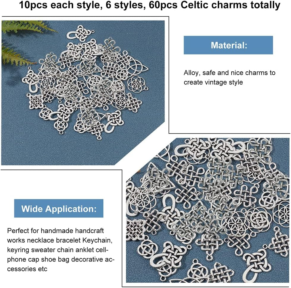 60Pcs Celticing Knot Charms, 6 Style Cross Charms Beads Irish Traditional Pendants Tibetan Alloy Charms Chinese Knot Pendants Connectors for DIY Bracelet Necklace Jewelry Making New Year