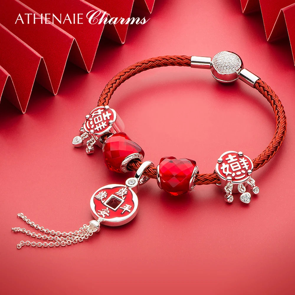 925 Sterling Silver Red Enamel CZ Chinese Peaceful Always Tassel Dangle Charms Bracelet
