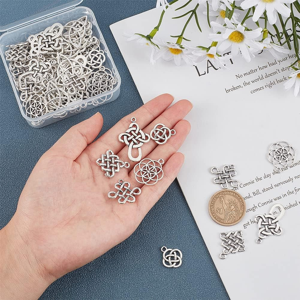 60Pcs Celticing Knot Charms, 6 Style Cross Charms Beads Irish Traditional Pendants Tibetan Alloy Charms Chinese Knot Pendants Connectors for DIY Bracelet Necklace Jewelry Making New Year