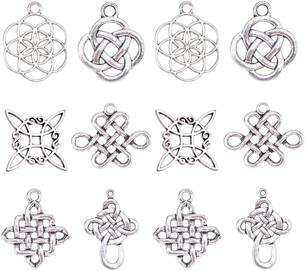 60Pcs Celticing Knot Charms, 6 Style Cross Charms Beads Irish Traditional Pendants Tibetan Alloy Charms Chinese Knot Pendants Connectors for DIY Bracelet Necklace Jewelry Making New Year