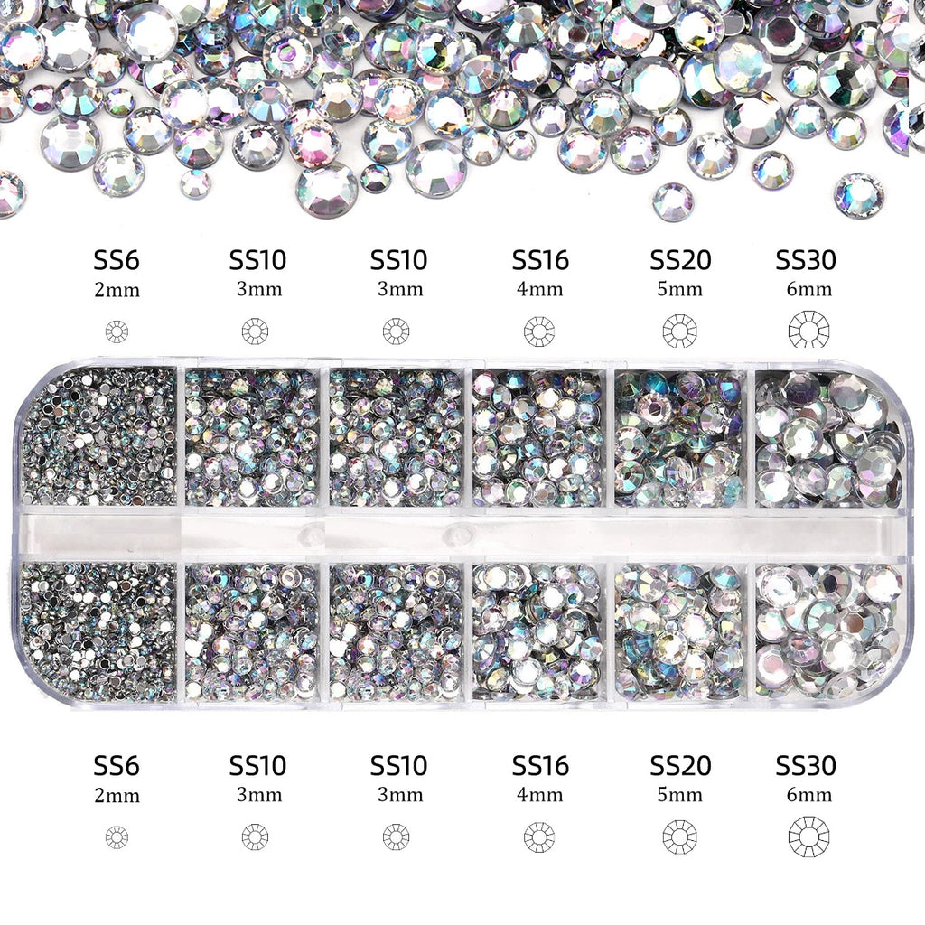 2400Pcs+ Shiny Clear Crystal Gems Nail Rhinestones 1.5-4Mm Mixed round Glass Stone Flatback Nail Charms 12Grids Nail Diamond DIY