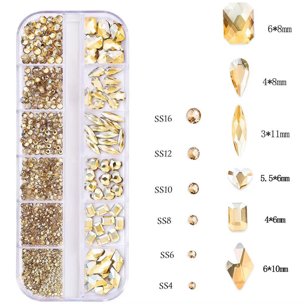 2400Pcs+ Shiny Clear Crystal Gems Nail Rhinestones 1.5-4Mm Mixed round Glass Stone Flatback Nail Charms 12Grids Nail Diamond DIY