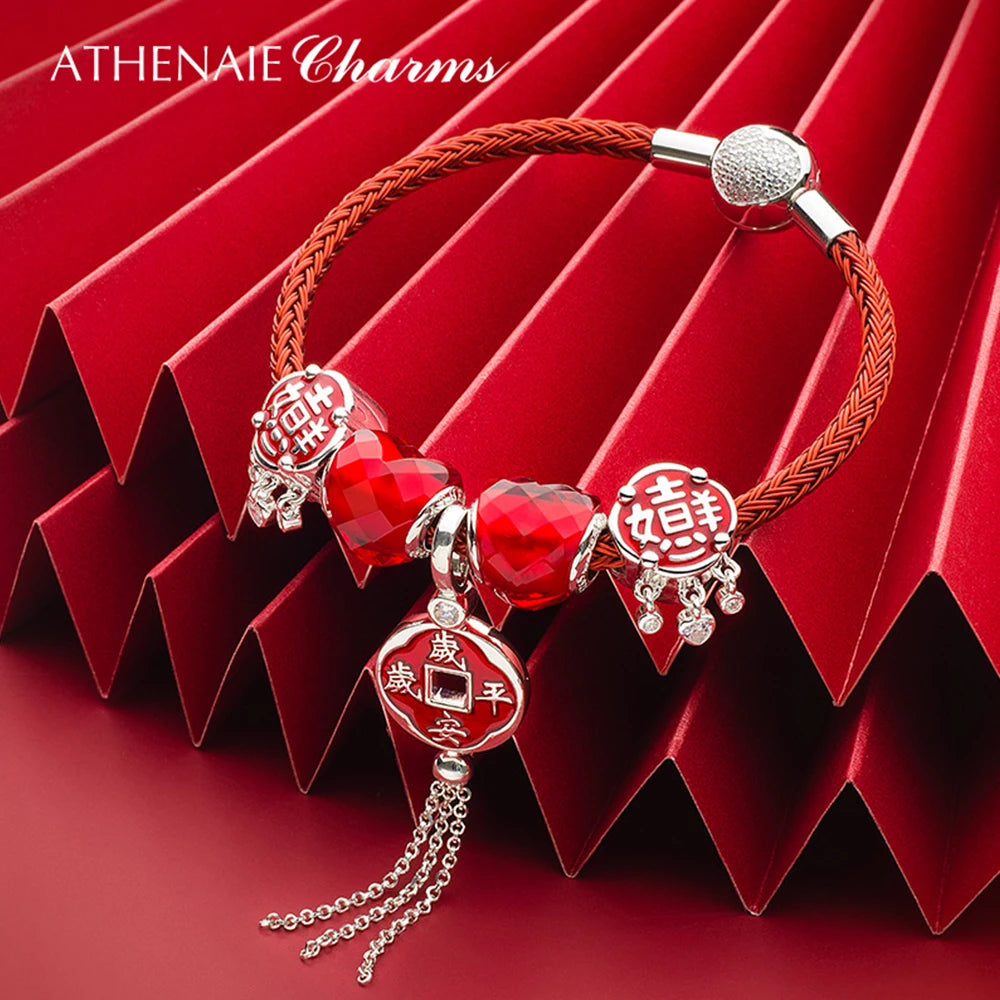 925 Sterling Silver Red Enamel CZ Chinese Peaceful Always Tassel Dangle Charms Bracelet