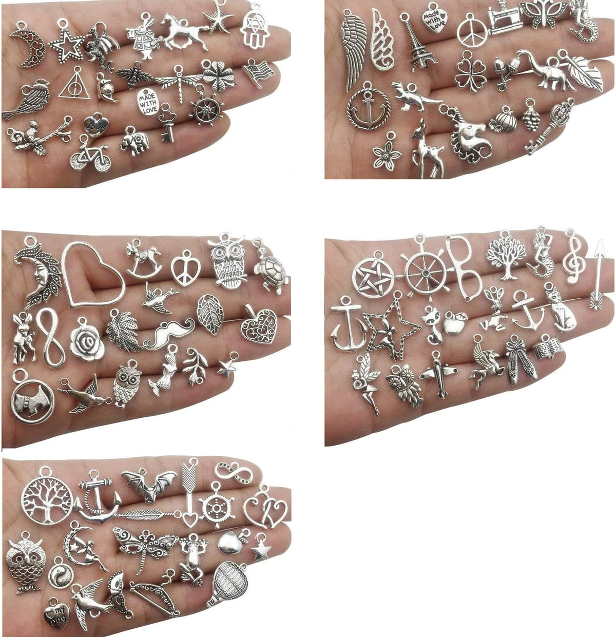 200 Mixed Charms Collection, Antique Silver Tone, Charms Metal Pendant Craft Supplies Findings for Crafting Necklace Bracelet Jewelry Making HM332