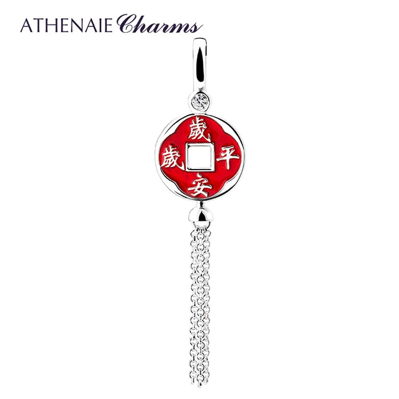 925 Sterling Silver Red Enamel CZ Chinese Peaceful Always Tassel Dangle Charms Bracelet